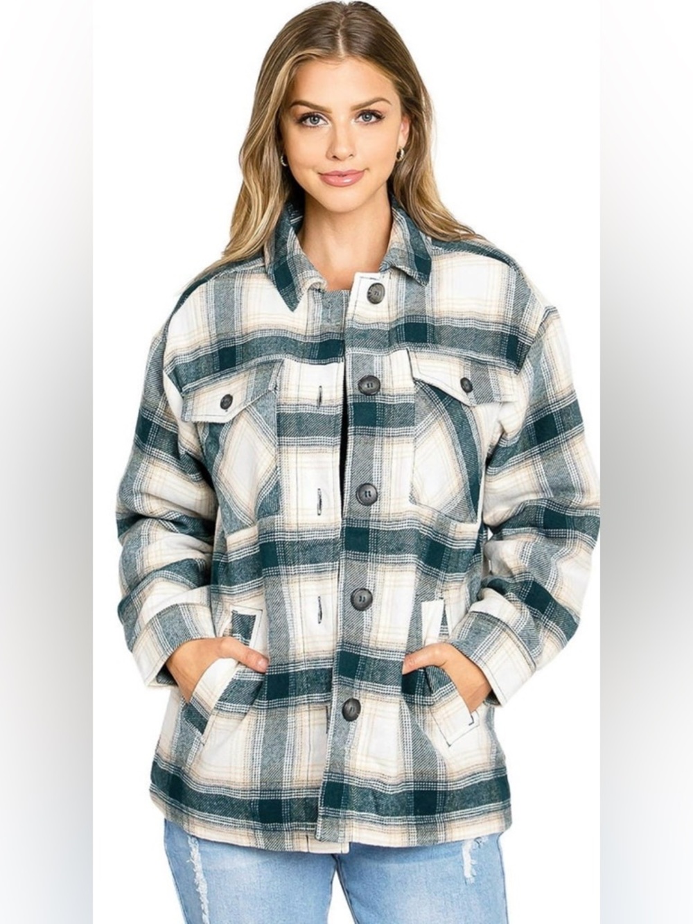 NWOT Plaid Button-Front Sherpa Jacket in Green and Cream